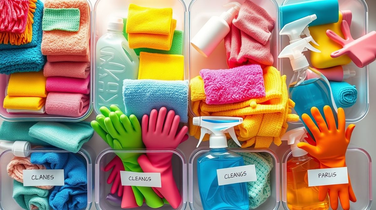 Close de produtos de limpeza e panos separados em caixas organizadoras por cor.