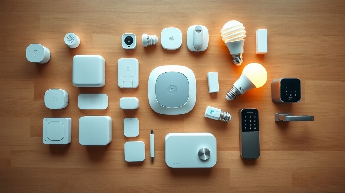 Dispositivos como lâmpadas, sensores e hubs organizados em flat lay.