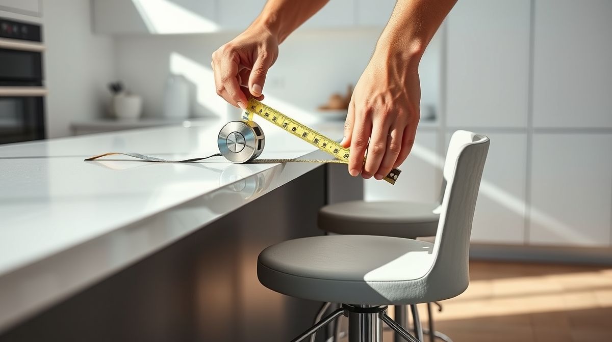 Pessoa medindo altura de uma banqueta em relação à bancada de cozinha.