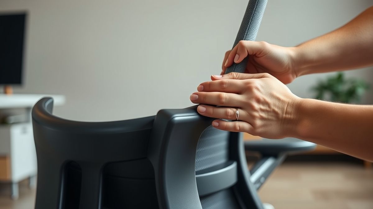 Pessoa ajustando a altura e encosto de uma cadeira de escritório ergonômica preta.