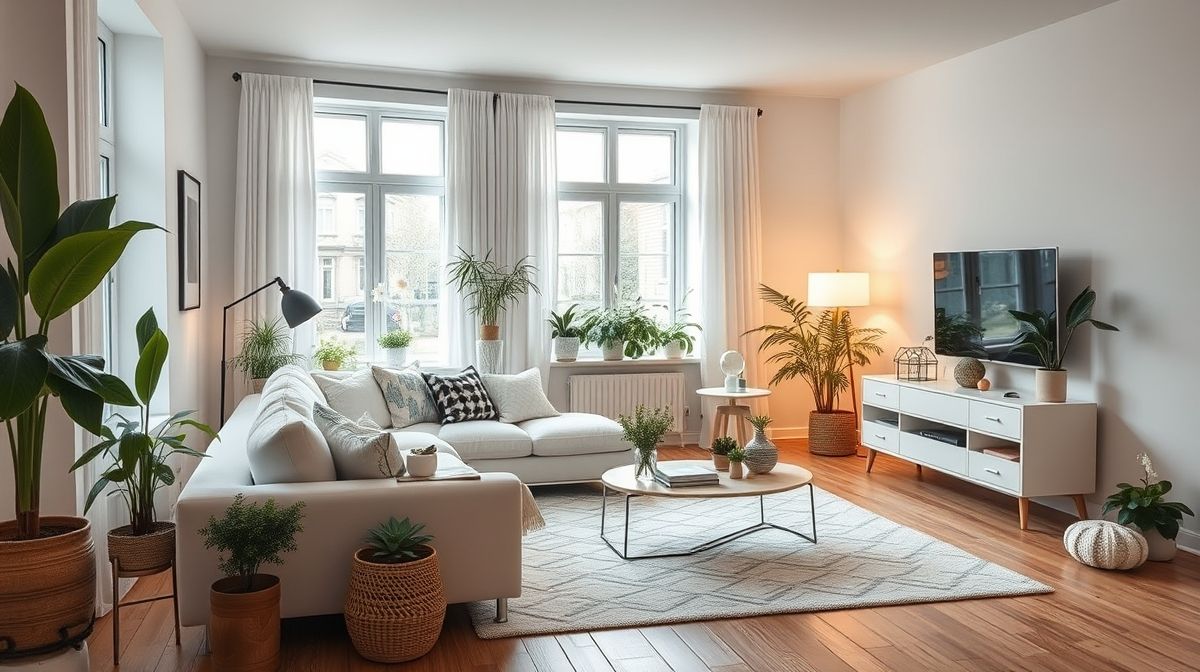 Sala escandinava finalizada com sofá claro, plantas e iluminação aconchegante.