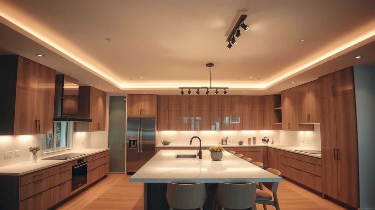 Cozinha integrada iluminada com plafon central, spots nas bancadas e trilho sobre a mesa de jantar.
