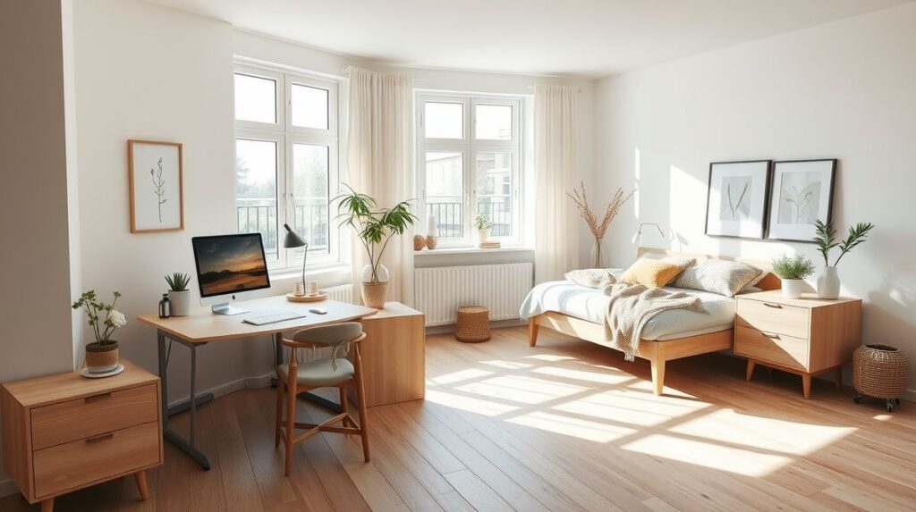 Quarto moderno com home office integrado, sofá-cama e decoração acolhedora.
