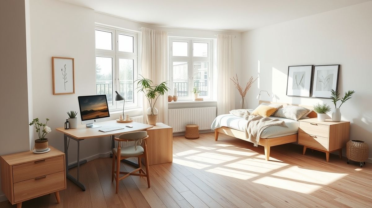 Quarto moderno com home office integrado, sofá-cama e decoração acolhedora.