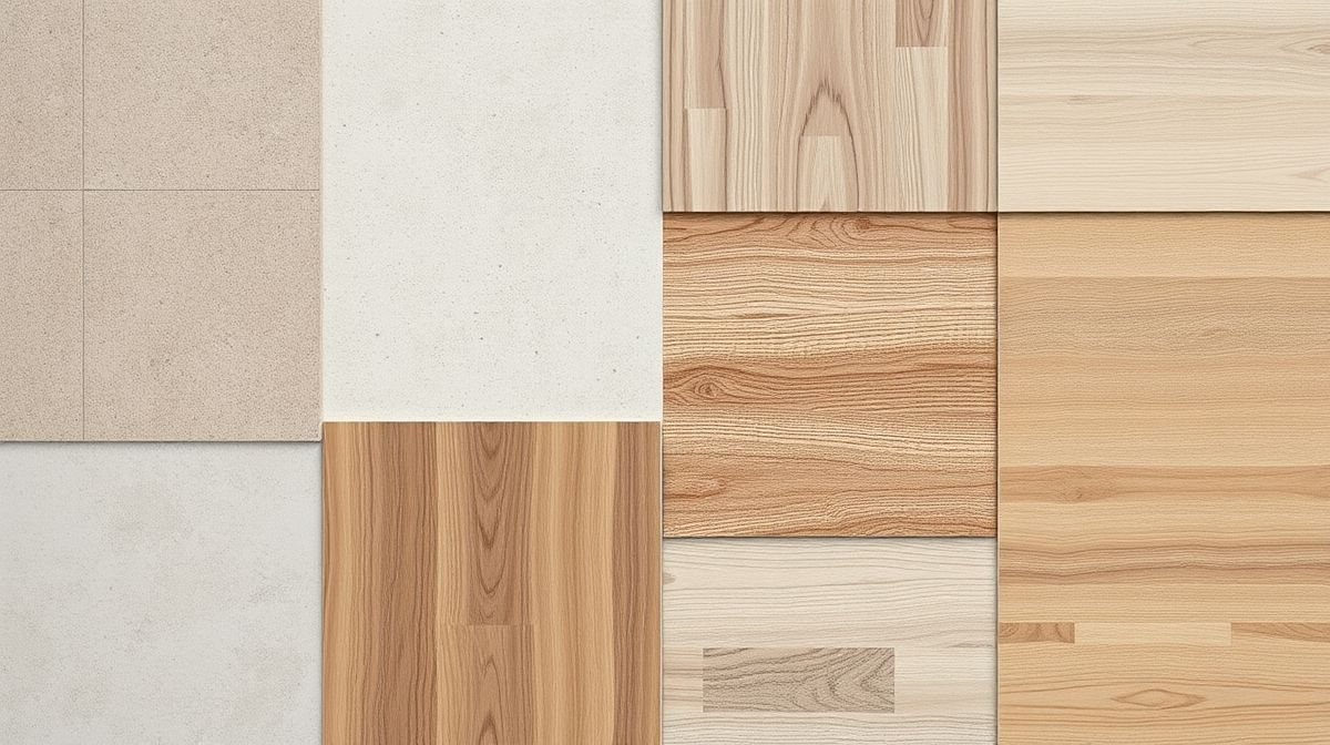 Flat lay com amostras de porcelanato, laminado e vinílico em diferentes cores e texturas.