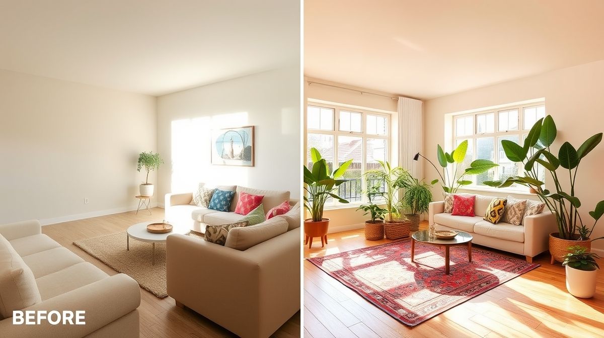 Comparação antes e depois de uma sala simples transformada com cores e tecidos.