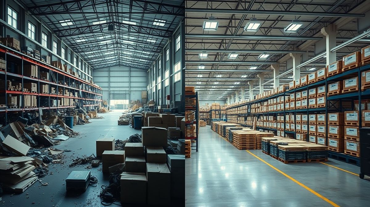 Comparativo visual de antes e depois em um depósito organizado.