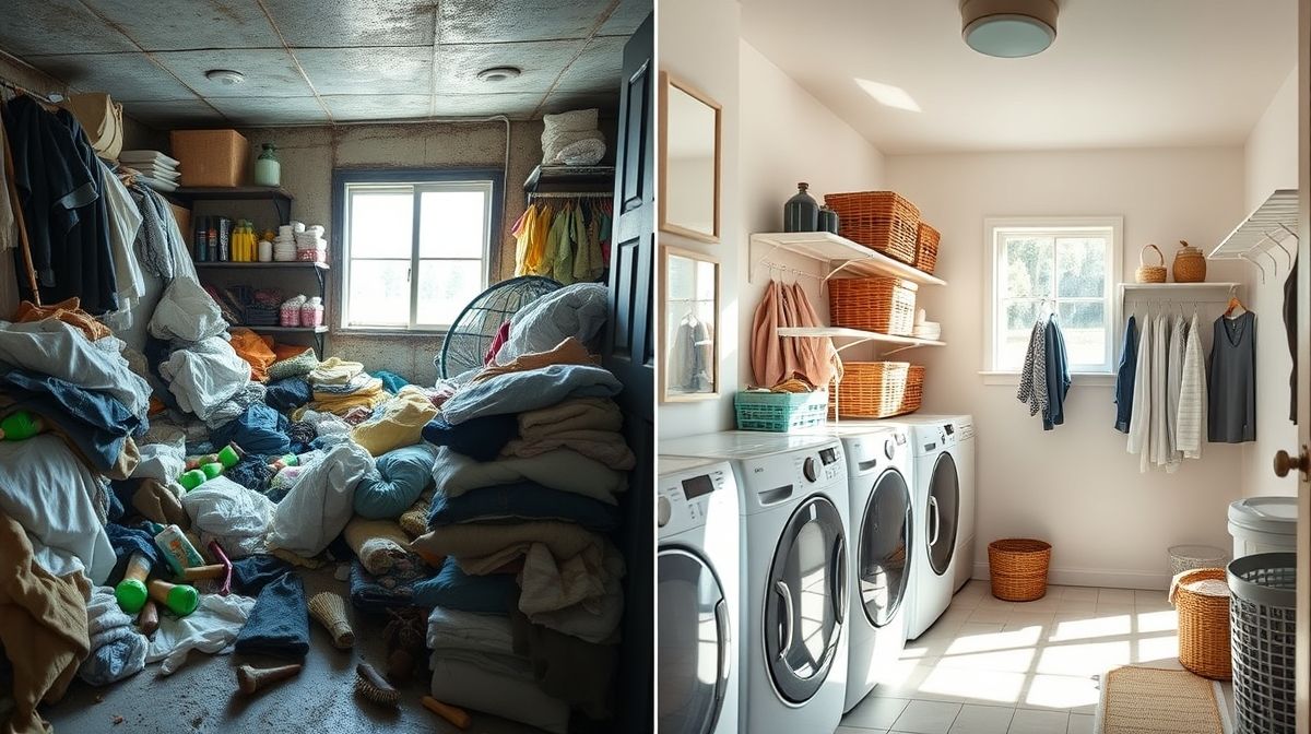 Comparação antes e depois de uma lavanderia bagunçada e depois organizada com prateleiras e caixas.