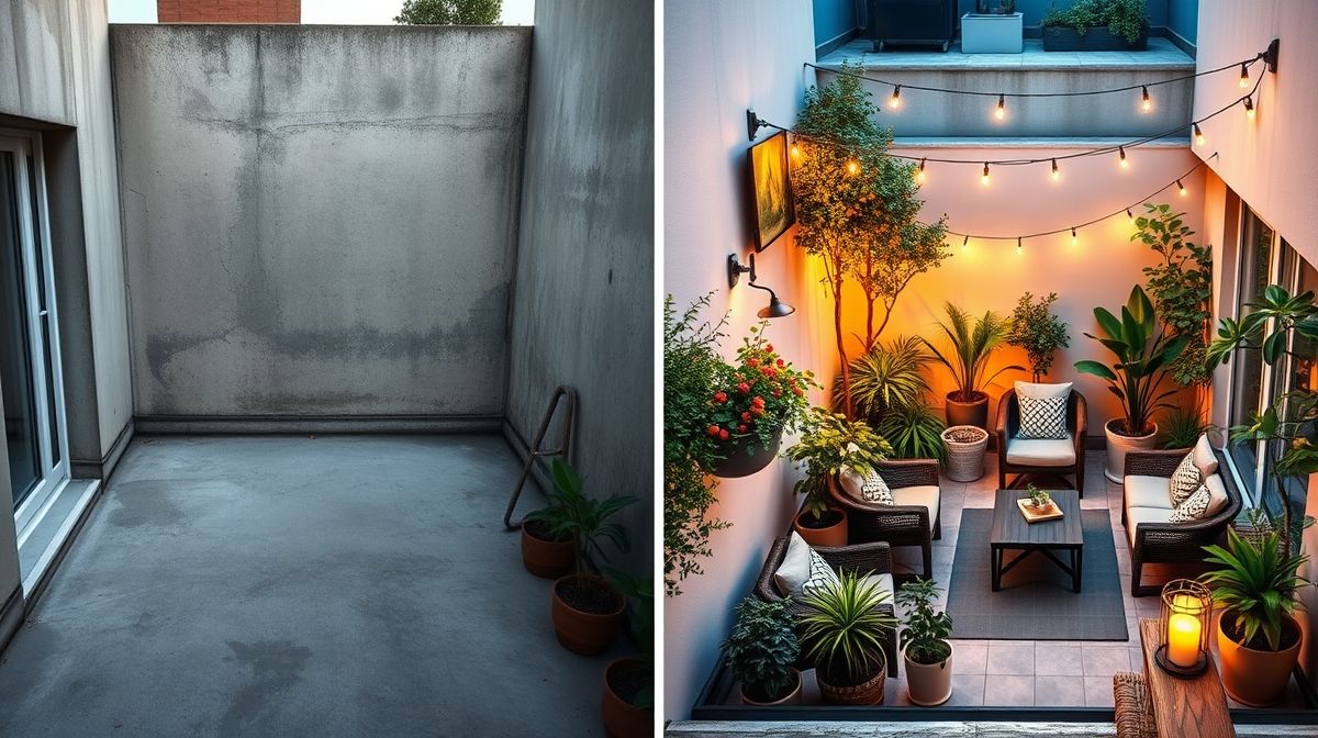 Comparativo antes e depois de uma varanda decorada com iluminação e plantas.