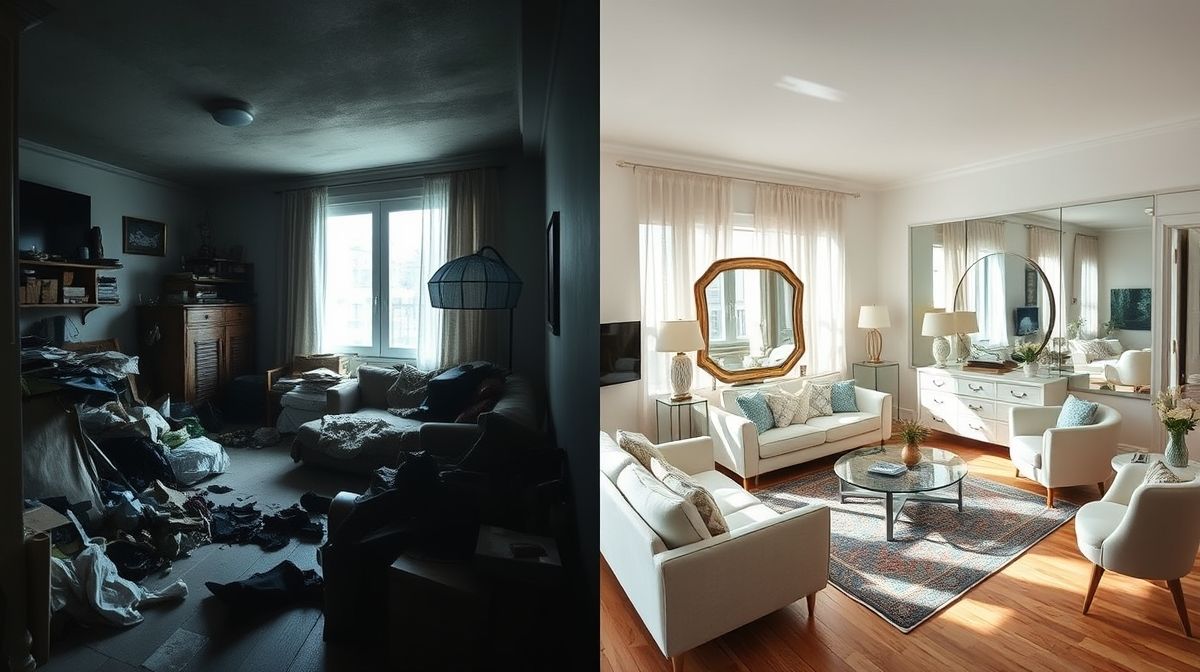 Comparação de sala pequena sem decoração e depois otimizada com paleta clara, espelhos e móveis compactos.