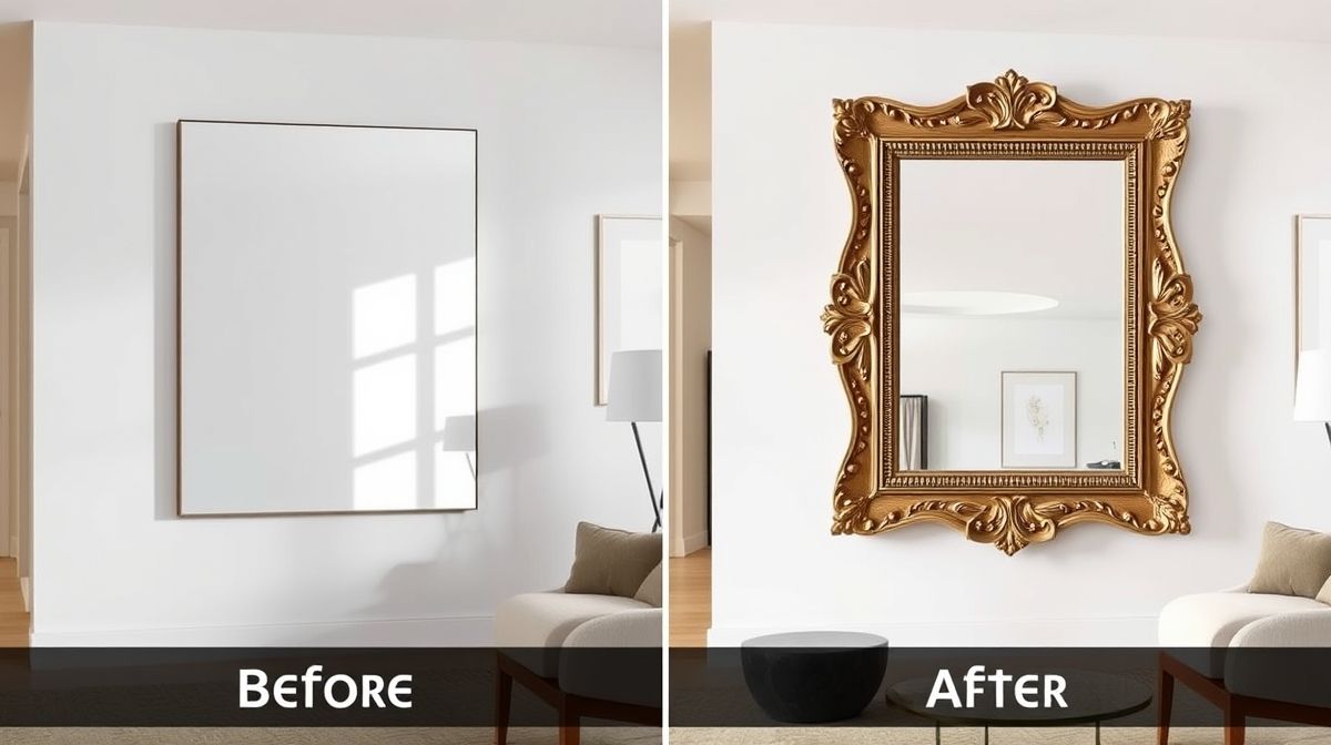 Comparativo de um espelho simples e o mesmo espelho após a moldura instalada.
