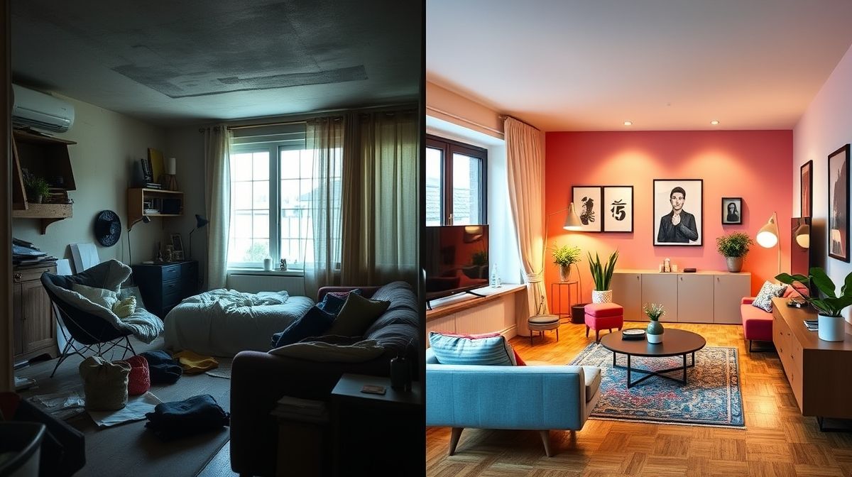 Comparação do antes e depois da reforma de um apartamento pequeno.