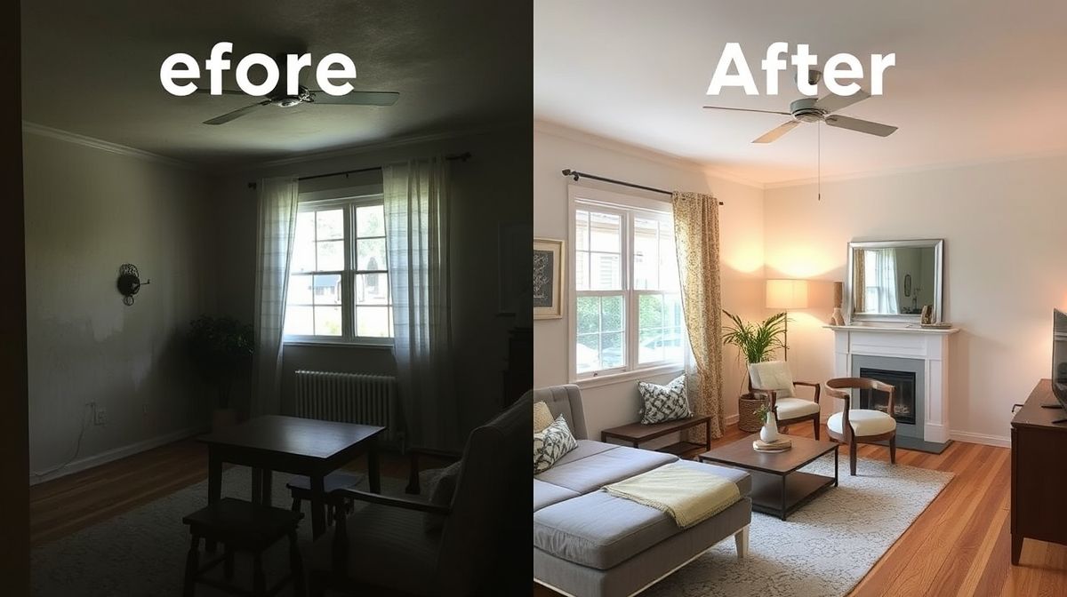 Comparação de antes e depois de sala reformada com baixo custo, mostrando diferença de estilo.