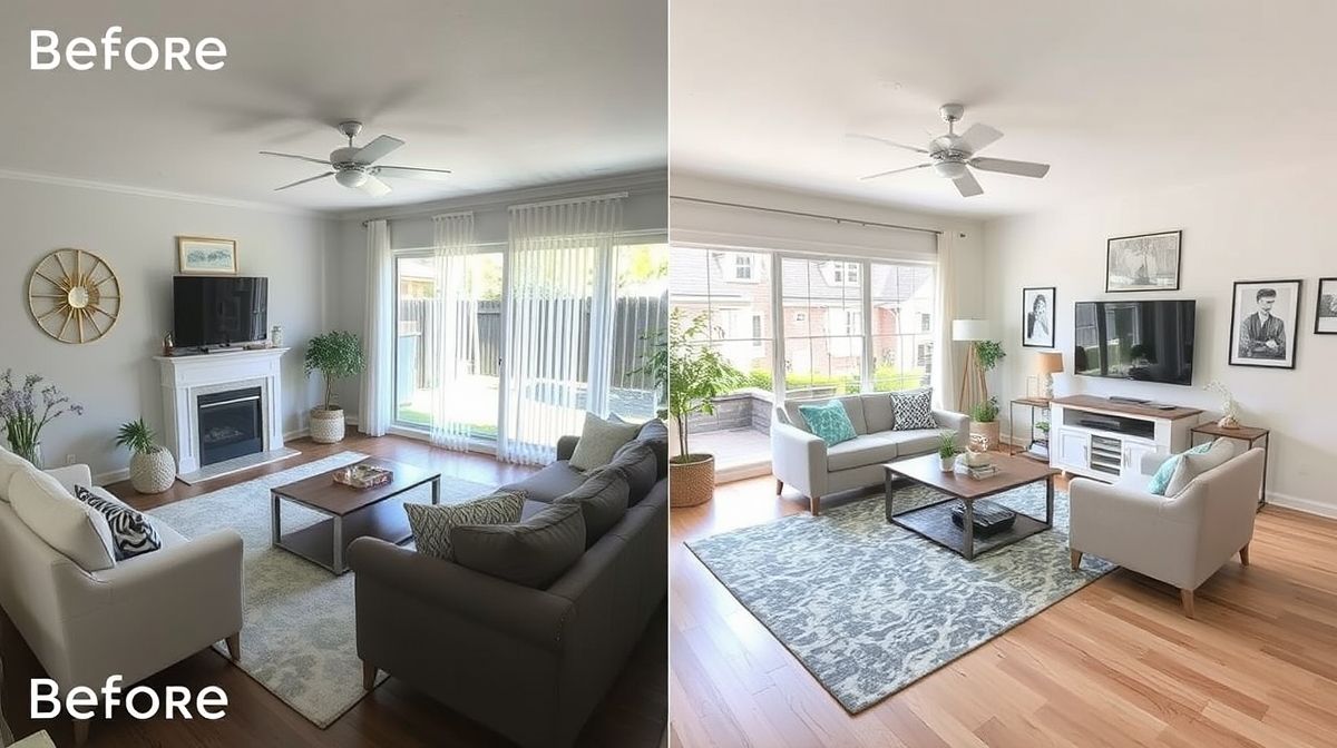 Comparativo visual de antes e depois de uma reforma de sala.