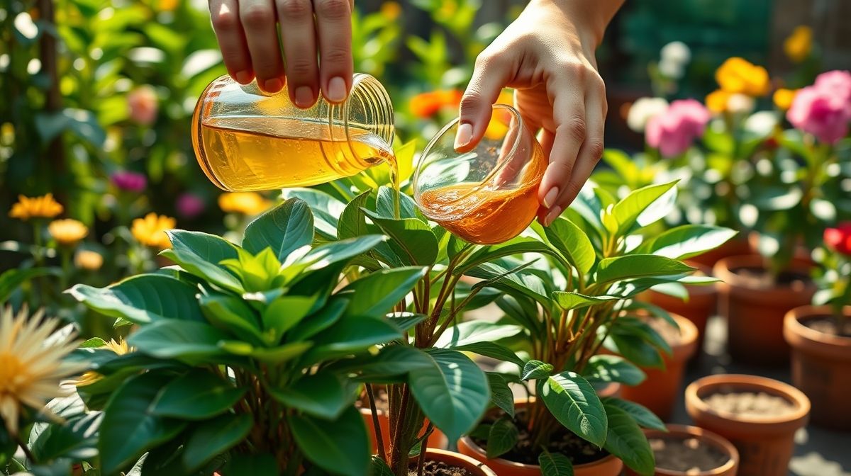 Pessoa aplicando chá de banana ou leite diluído em vasos de plantas.