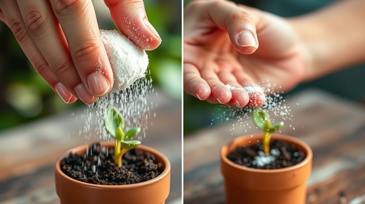 Pessoa aplicando pó de casca de ovo em vaso de planta.
