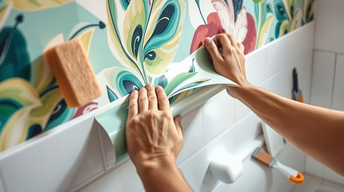Mãos aplicando papel de parede em parede de lavabo
