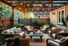 Ambiente externo com móveis de fibra, iluminação suave e plantas decorativas.