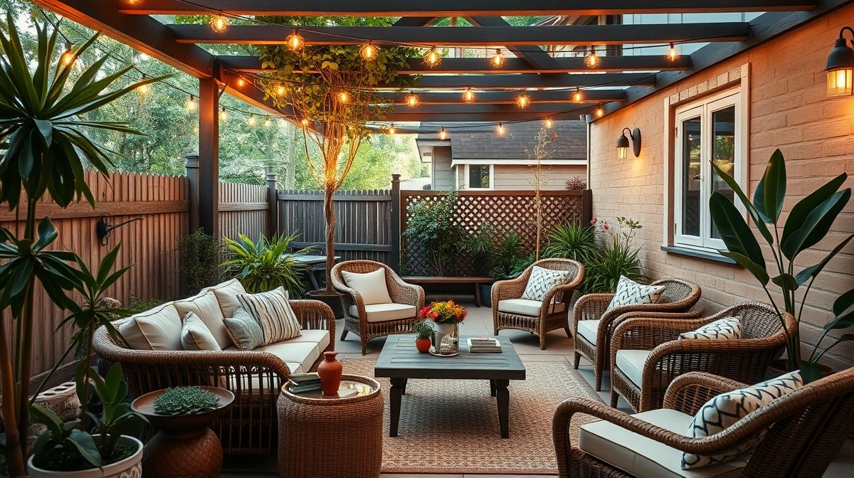 Ambiente externo com móveis de fibra, iluminação suave e plantas decorativas.