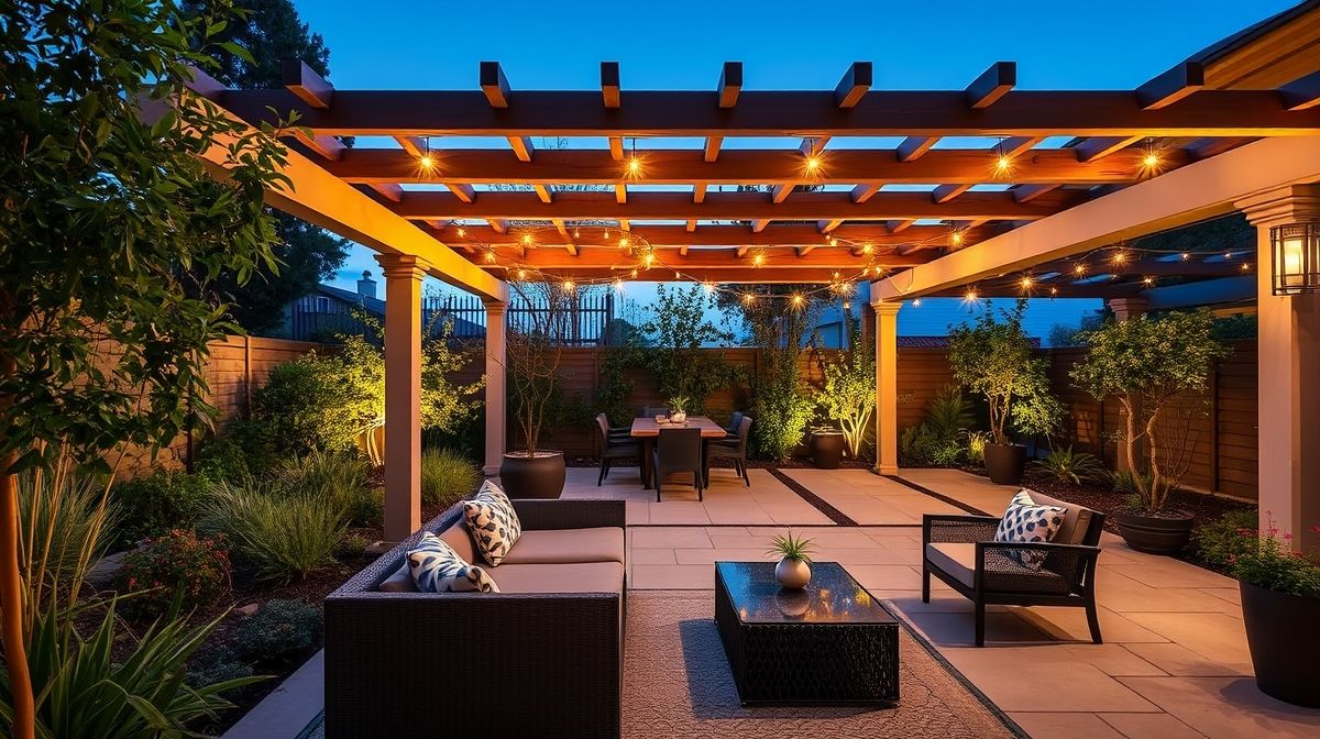 Quintal decorado com pergolado, plantas e iluminação noturna.
