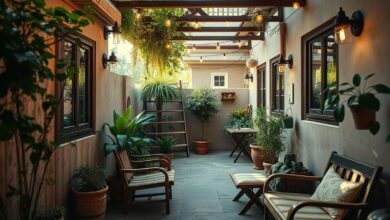 Quintal pequeno decorado com móveis de madeira, vasos de plantas e iluminação suave.