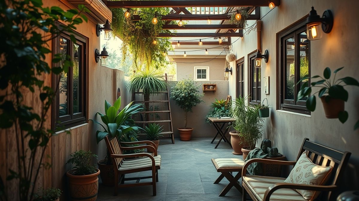 Quintal pequeno decorado com móveis de madeira, vasos de plantas e iluminação suave.