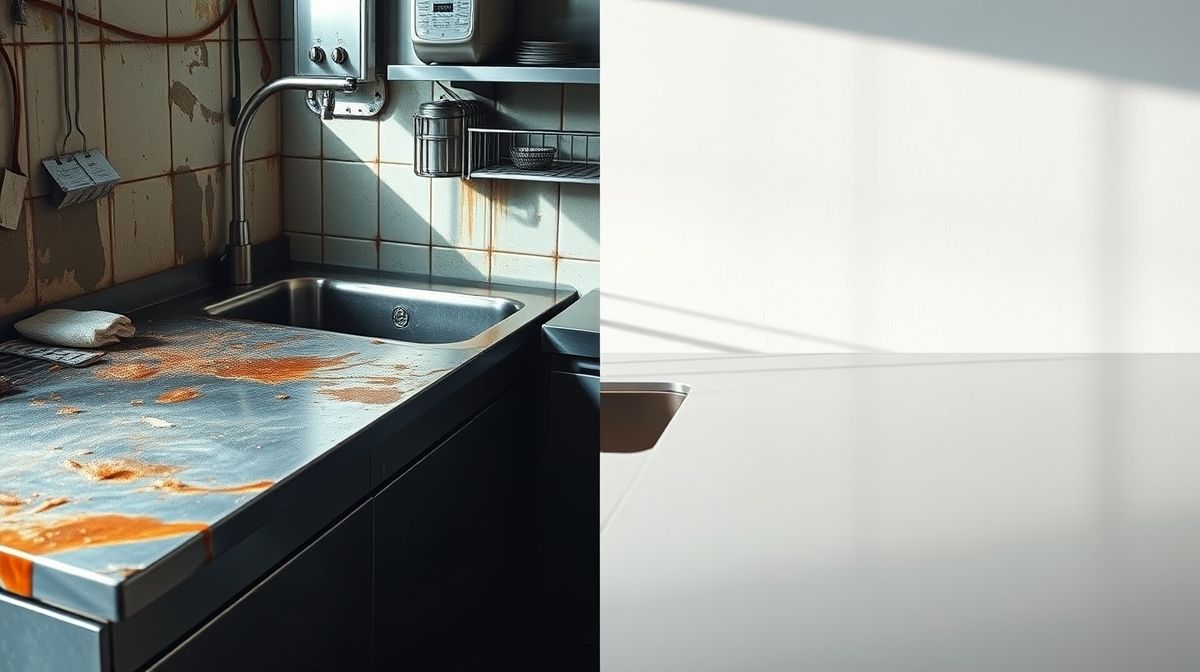 Comparação da bancada de inox com sujeira antes e brilhante após a limpeza.