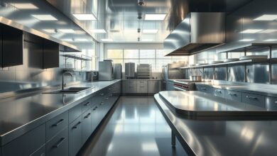 Bancada de inox de cozinha industrial limpa e organizada após higienização completa.