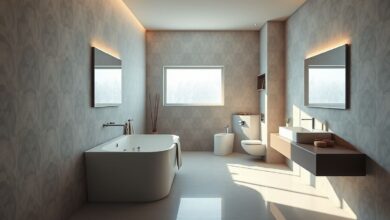 Banheiro moderno com papel de parede elegante e iluminação suave