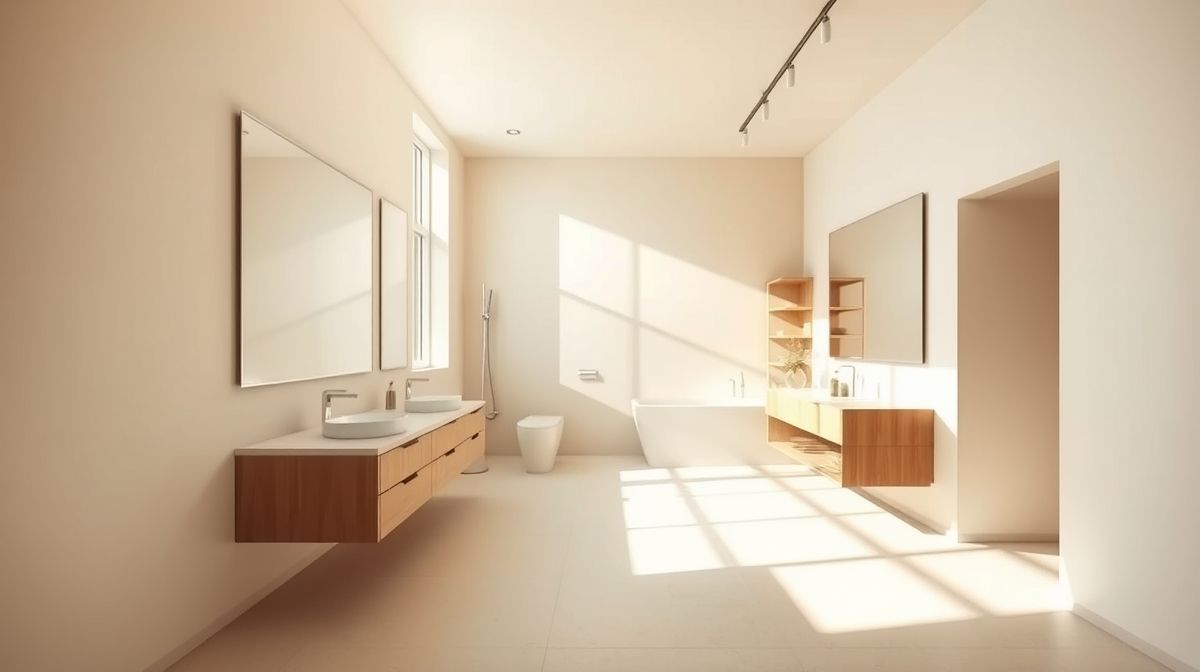 Banheiro minimalista em tons claros com linhas retas e iluminação natural suave.