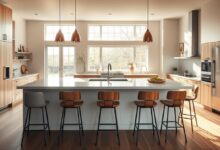 Bancada de cozinha integrada decorada com banquetas de madeira e metal em estilo contemporâneo.