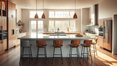 Bancada de cozinha integrada decorada com banquetas de madeira e metal em estilo contemporâneo.