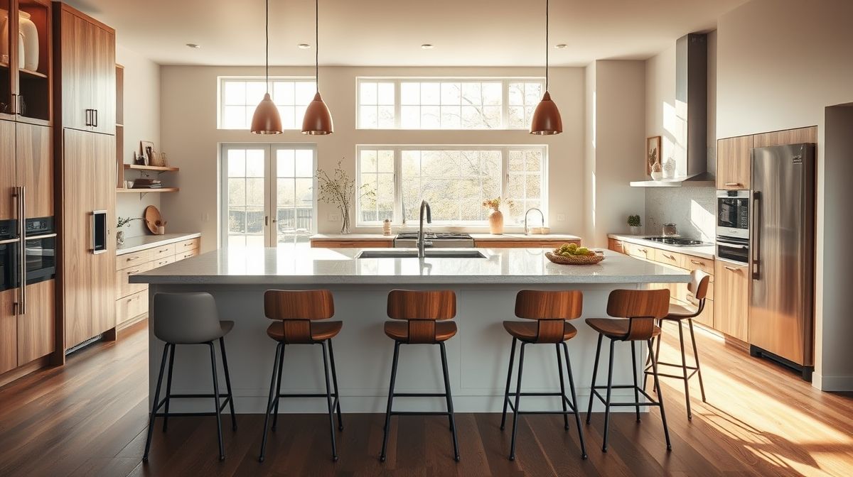 Bancada de cozinha integrada decorada com banquetas de madeira e metal em estilo contemporâneo.