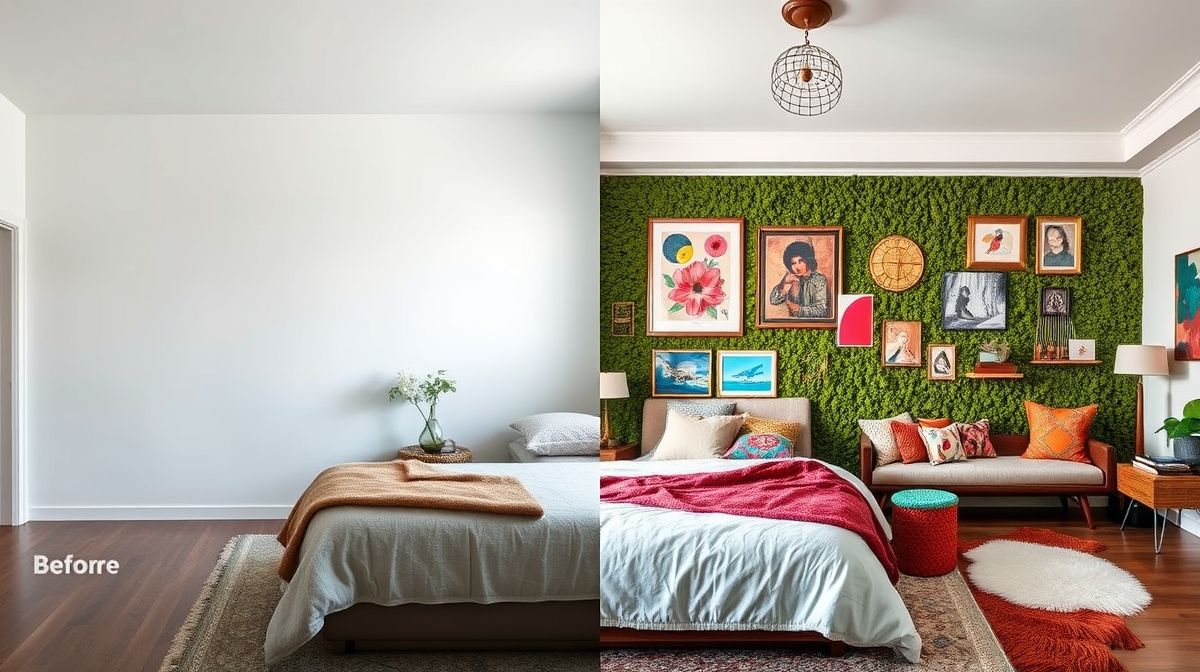 Comparação de um quarto com parede branca e outro com parede verde musgo decorada.
