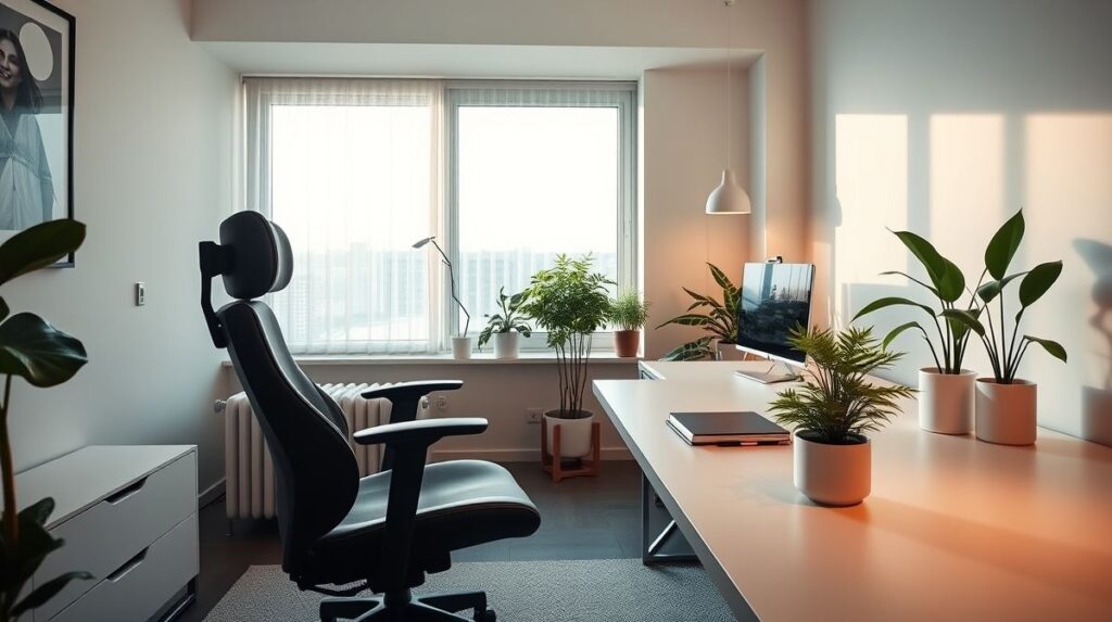 Cadeira de escritório ergonômica em um home office iluminado por luz natural.
