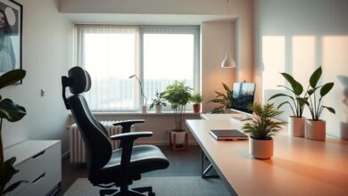 Cadeira de escritório ergonômica em um home office iluminado por luz natural.