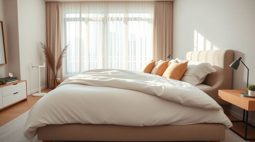Cama de casal arrumada com lençol superior branco e almofadas em quarto iluminado.