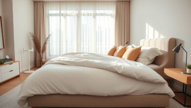 Cama de casal arrumada com lençol superior branco e almofadas em quarto iluminado.