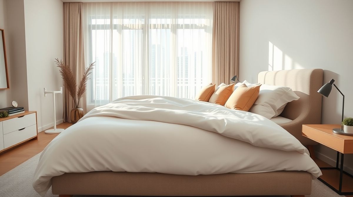 Cama de casal arrumada com lençol superior branco e almofadas em quarto iluminado.