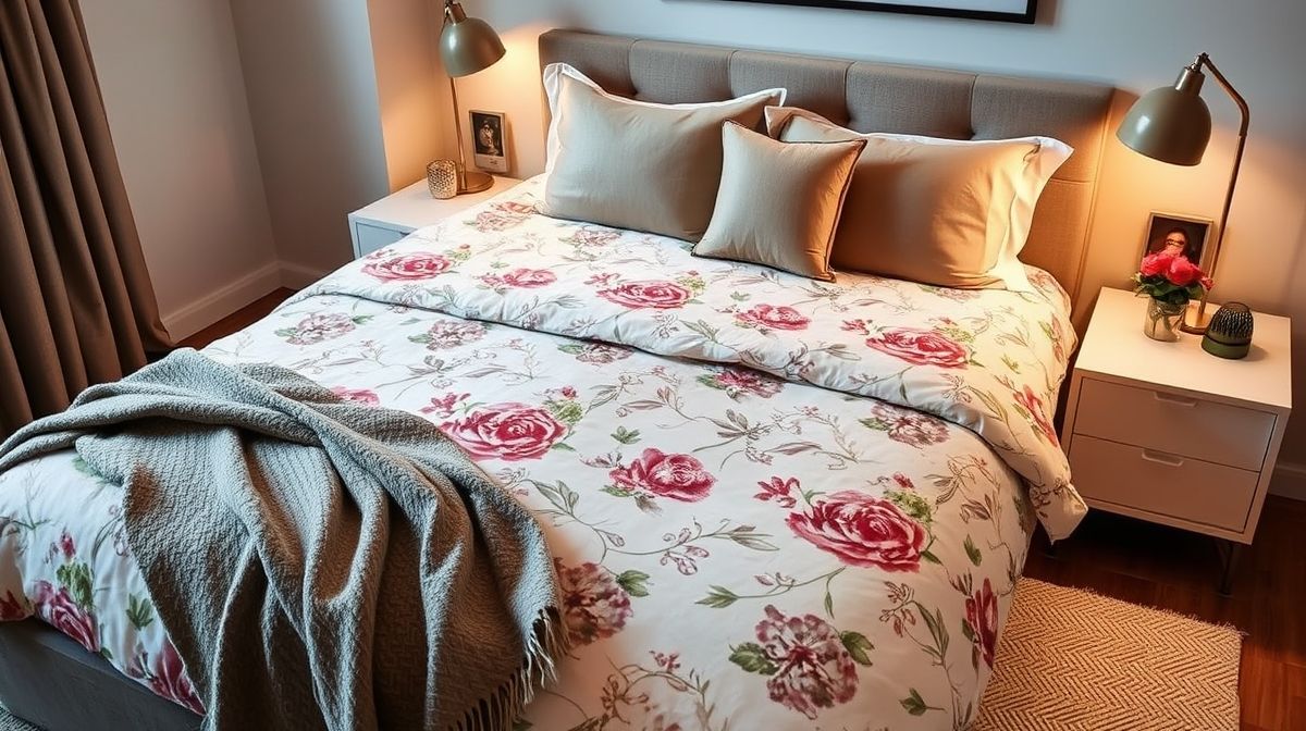 Quarto decorado com lençol superior estampado em tons suaves, travesseiros e manta de apoio.