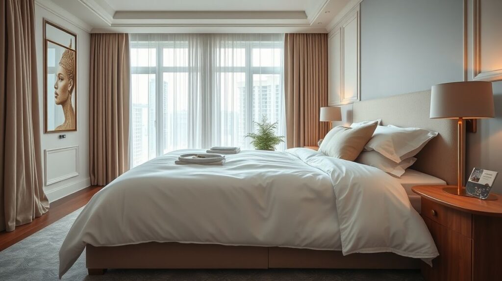 Quarto decorado com cama bem posta e lençol de alto número de fios.