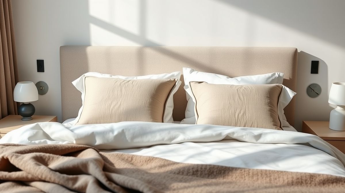 Cama arrumada com porta travesseiros, edredom e manta em tons neutros.