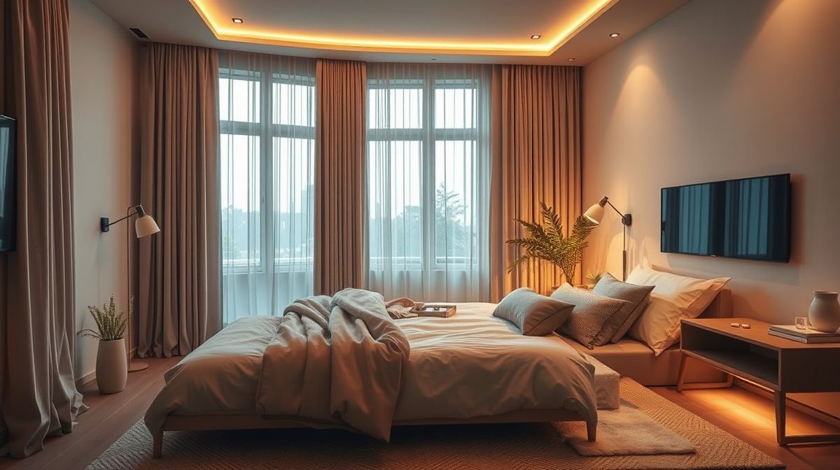 Vista de quarto moderno controlado por aplicativo em smartphone.
