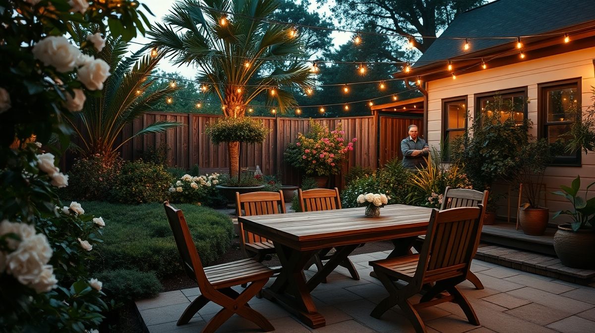 Conjunto de mesa e cadeiras em jardim amplo, com iluminação aconchegante e plantas ao redor.