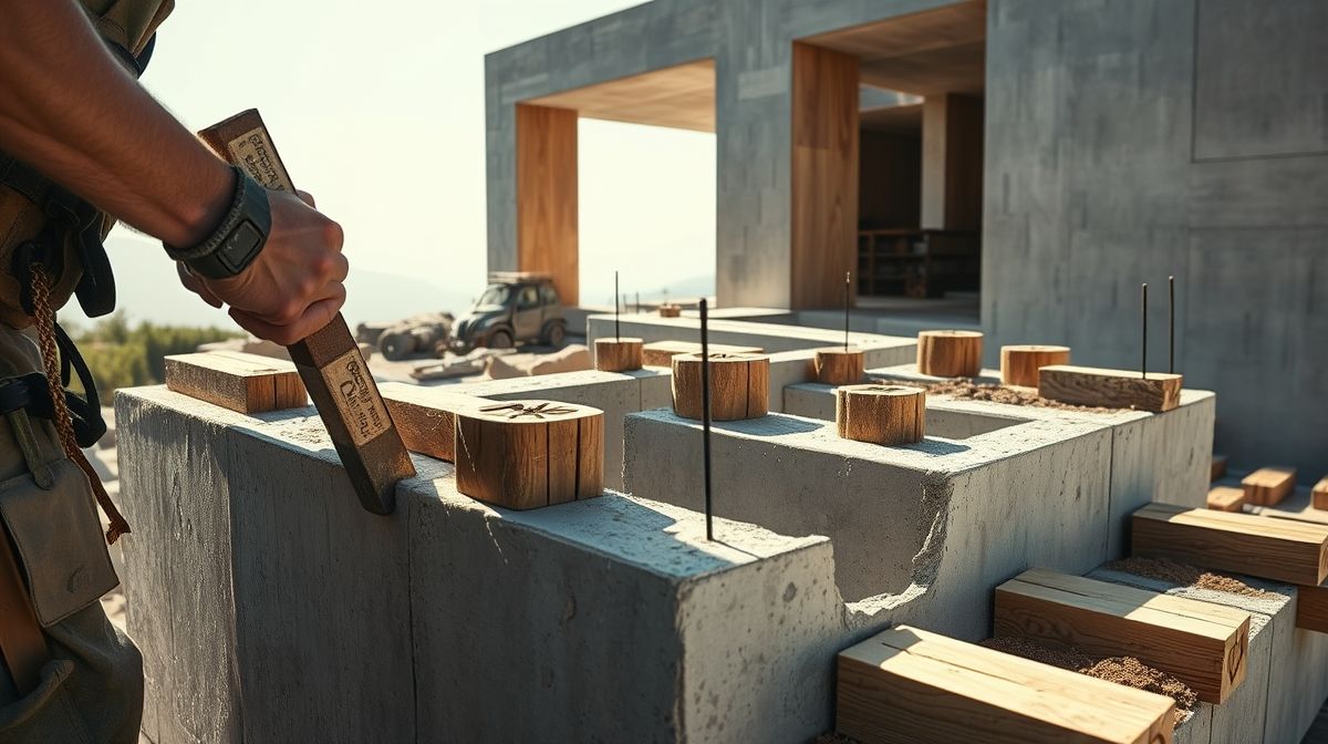 Etapas da construção de uma casa brutalista com concreto moldado.