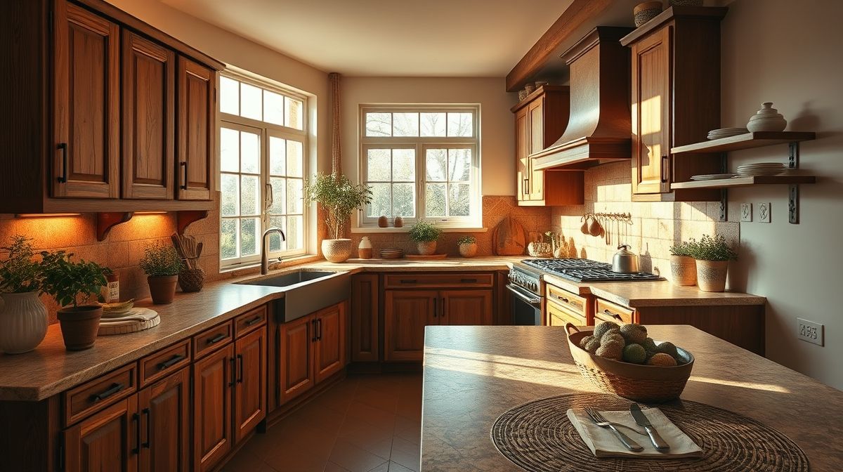 Visão geral de uma cozinha aconchegante com madeira e luz suave.