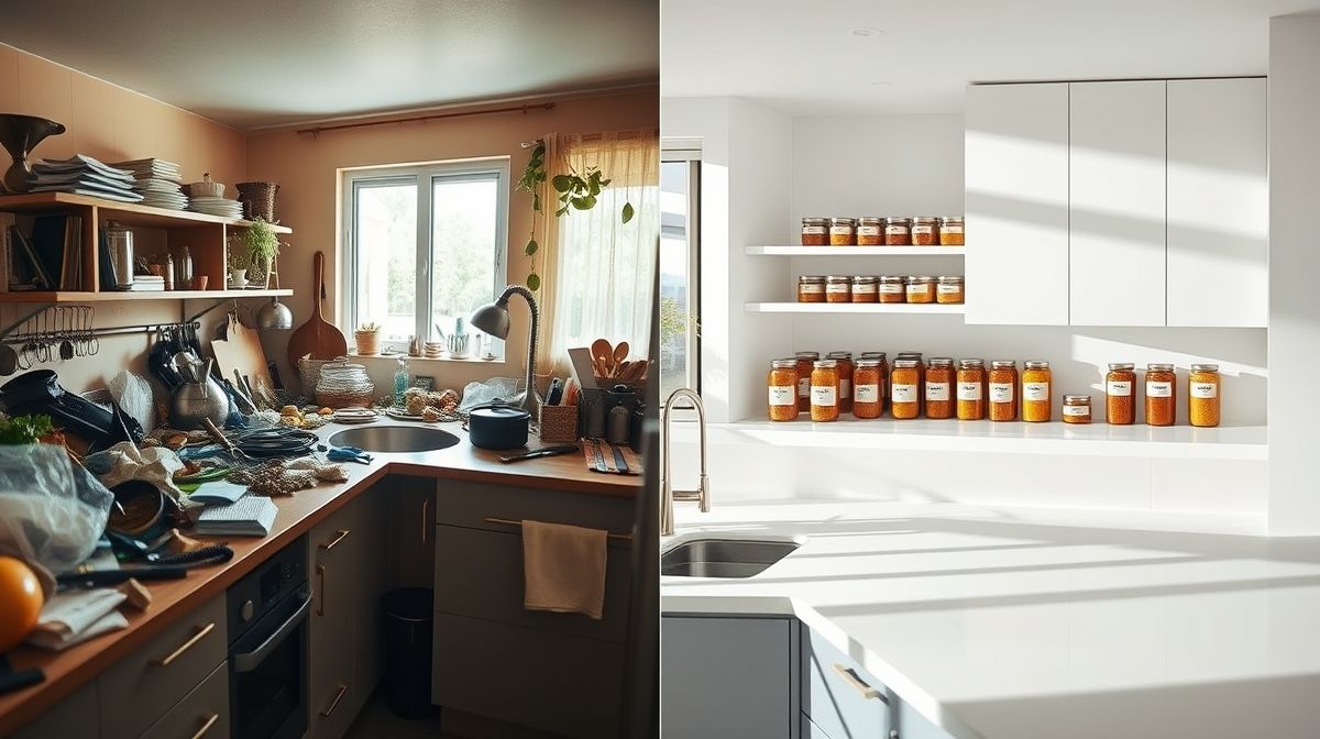 Comparativo do ambiente da cozinha bagunçada e depois organizada.