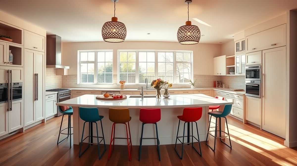 Cozinha aconchegante com bancada decorada com banquetas coloridas em contraste com a decoração.