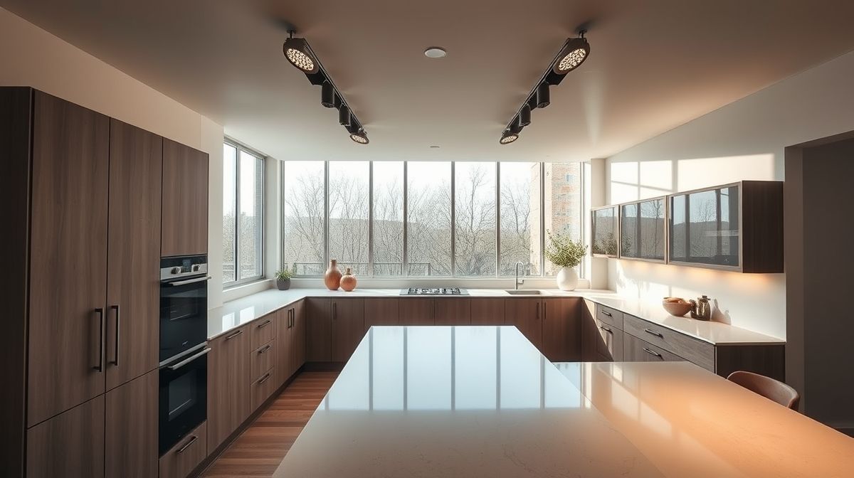 Vista ampla de cozinha moderna iluminada por spots de sobrepor no teto.