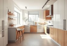 Cozinha pequena moderna com móveis planejados claros e iluminados.